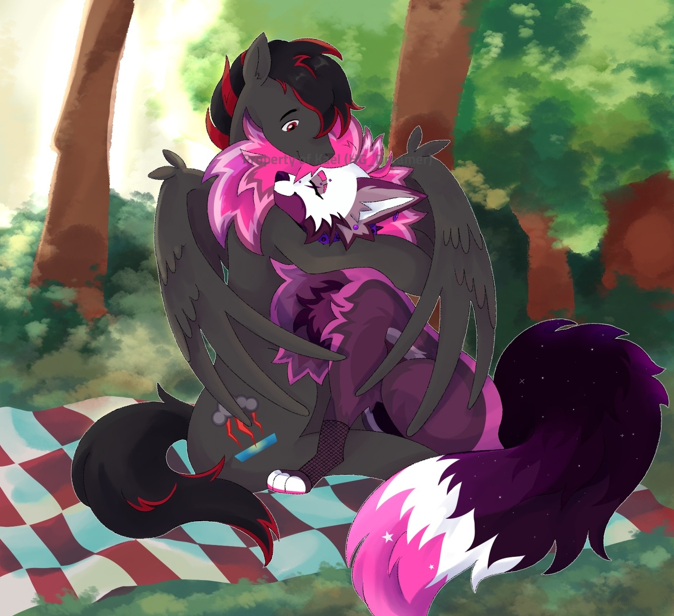 Lilith cuddling with the pegasus stallion Mistral Dreamer on a picnic blanket